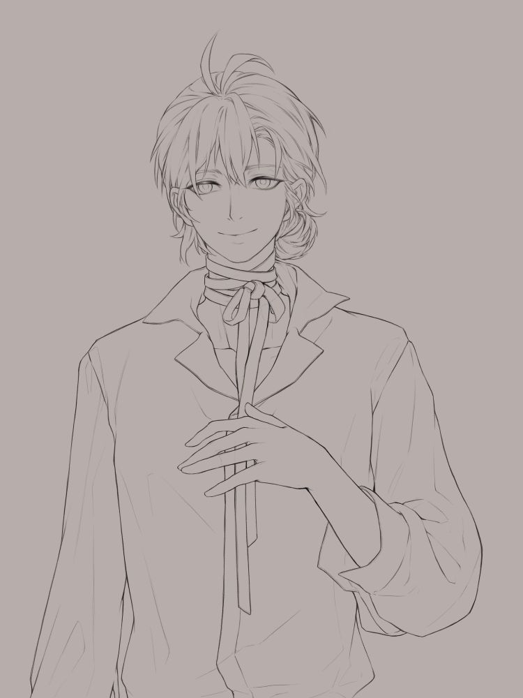 Also Mayfly, with no mask and wearing his casual attire, a simple buttoned shirt with opened collar. His hair is tied to a lower bun behind his scalp, and he wears the same leather ribbon wrapped and tied into a bow around his neck. He is smiling, and holding his left hand up to his chest as if he is introducing himself.