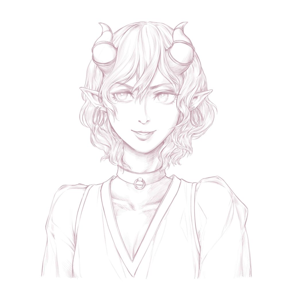 Portrait of Talia, a Tiefling Bard/Warlock, with a confident smirk on her face. She has short, pointed ears adorned with wide circular piercings, and a pair of short curled horns that sprouted from her forehead, also decorated with gold rings and capped with gold tips. Her hair is curly and shoulder-length. She wears a leather choker with a circular ring over her collarbone, and a silk top with pointed-cut collar and transparent sleeves.