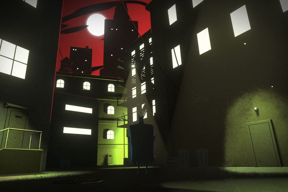 A background painting from Batman: The Animated Series. It shows a stylized Gotham City with a red sky.
