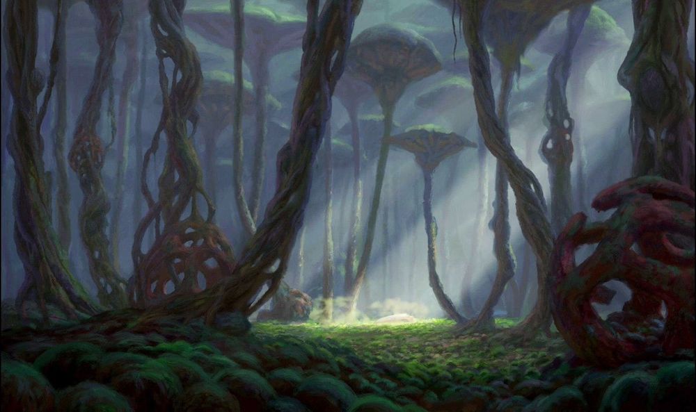 A background painting from Treasure Planet. Sunlight illuminates a glade surrounded by towering giant mushrooms.