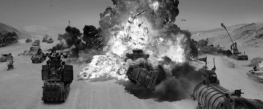 A black and white still from Mad Max: Fury Road - Black and Chrome edition 