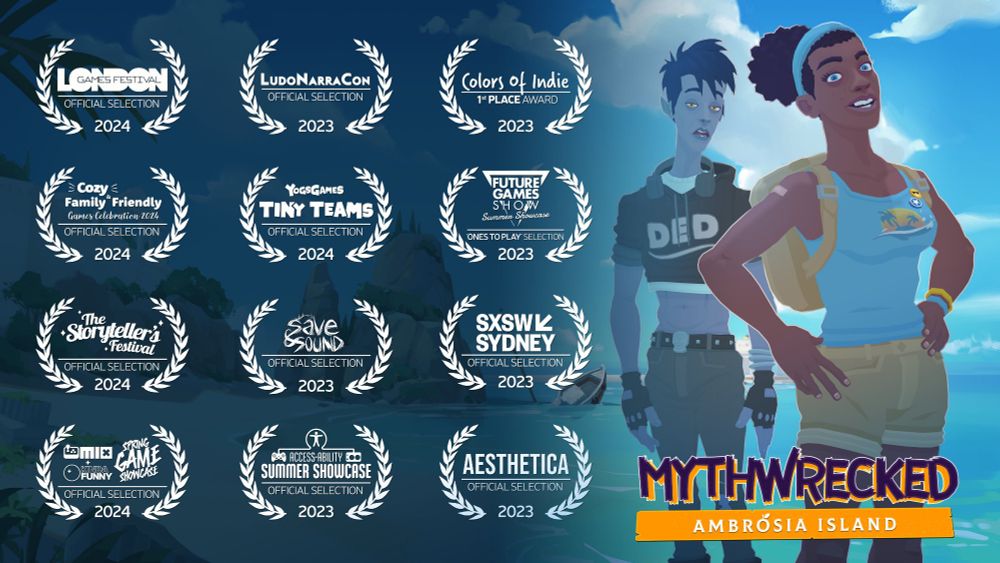 The key art for Mythwrecked and some laurels from events and awards it's been in