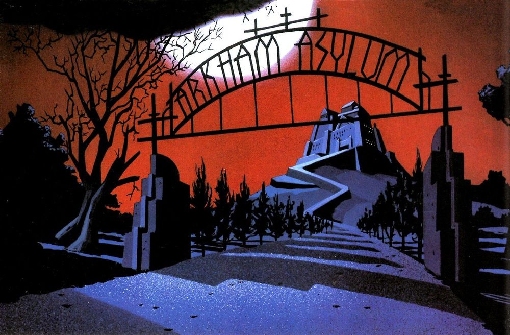 A background painting from Batman: The Animated Series. It shows a stylized Gotham City with a red sky.