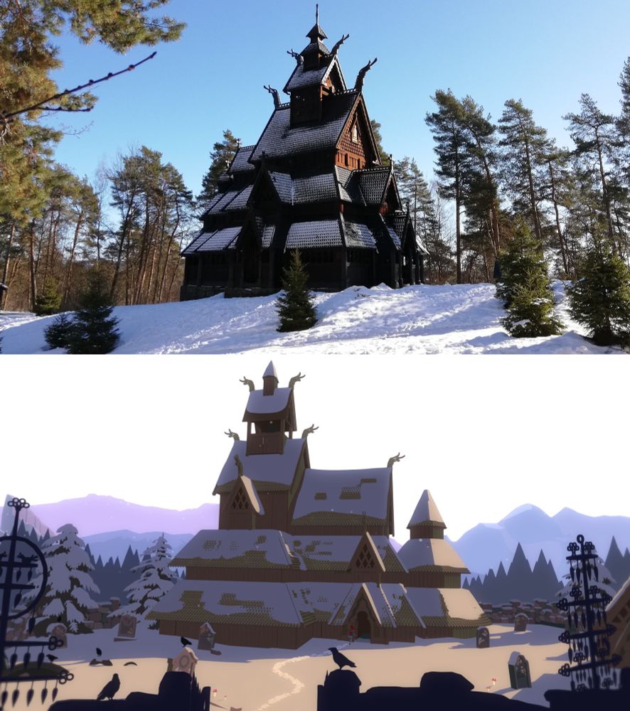 A reference photo of a stave chruch in Oslo next to a screenshot showing a stave church in our indie game Röki
