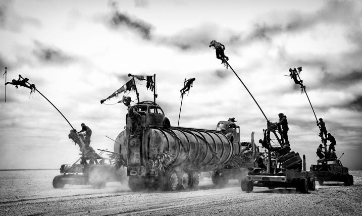 A black and white still from Mad Max: Fury Road - Black and Chrome edition 