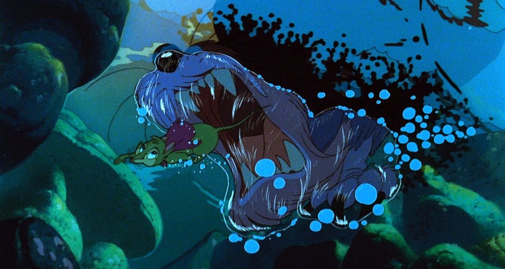A still from Don Bluth's The Secret of Nimh. A small mouse escapes underwater from a dog with sharp teeth.