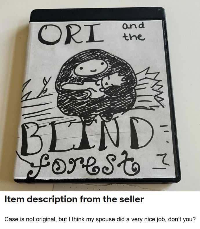 A very much hand drawn cover for Ori and the Blind Forest.

The item description reads "Case is not original, but I think my spouse did a very nice job, don't you?"
