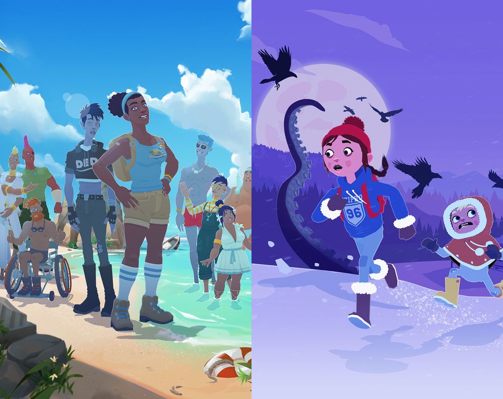 The key art for two indie games. One shows a sunny island scene and the other a cold wintry landscape.