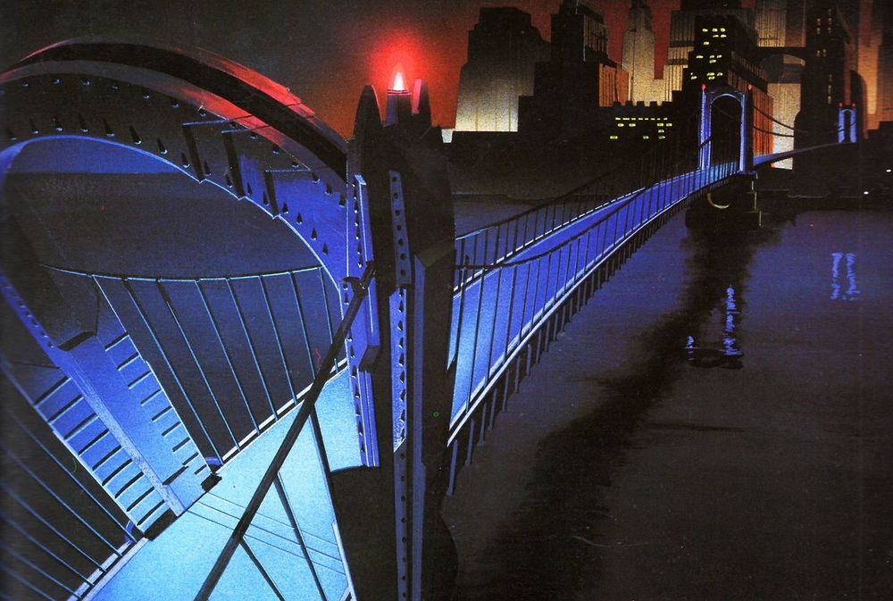 A background painting from Batman: The Animated Series. It shows a stylized Gotham City with a red sky.
