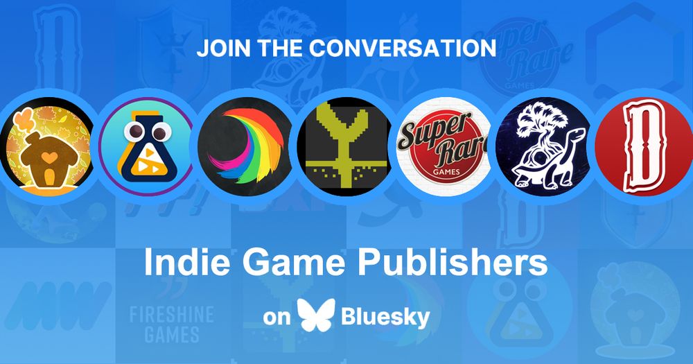 A graphic showing some profile images of indie video game publishers who are on Bluesky