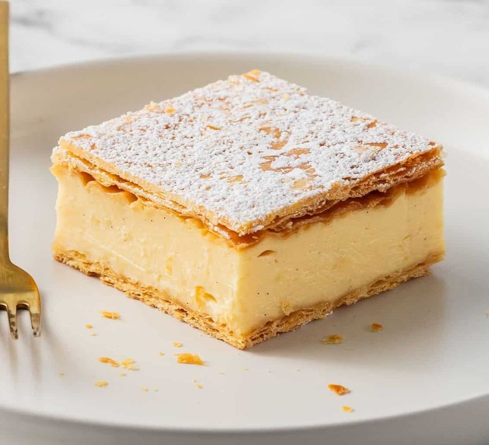 A set sweet custard between two bits of pastry 