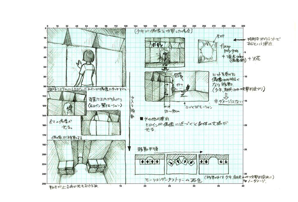 A rough annotated development sketch detailing aspects of the video game ICO.