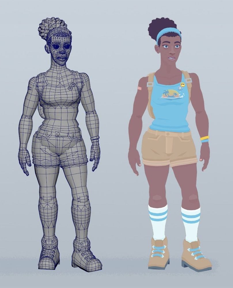 An image that shows the topology of a Mythwrecked character I made next to the flat-shaded version
