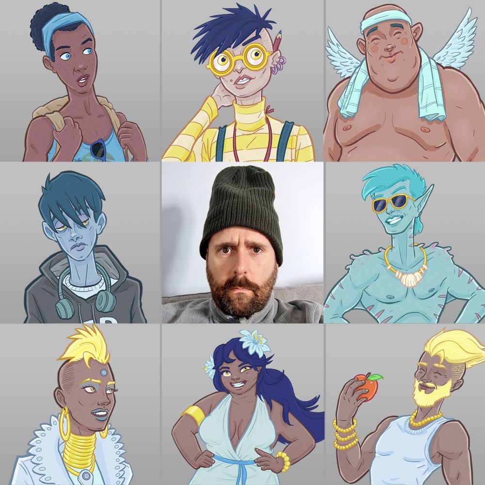 Some character designs surrounding a photo of me