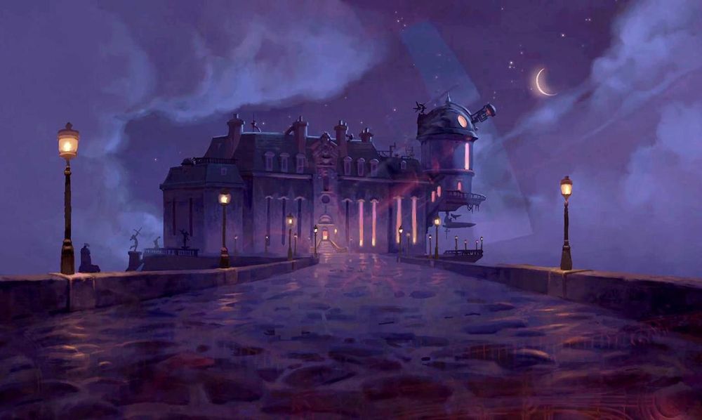 A background painting from Treasure Planet. An observatory at the end of a long curbed road.