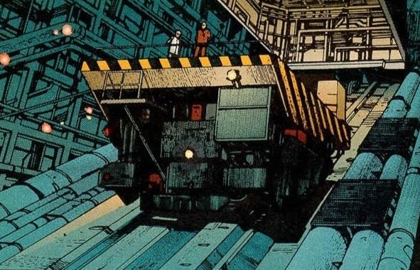 The huge inclined elevator from Akira. A giant platform that moves diagonally down tracks in a giant research facility 