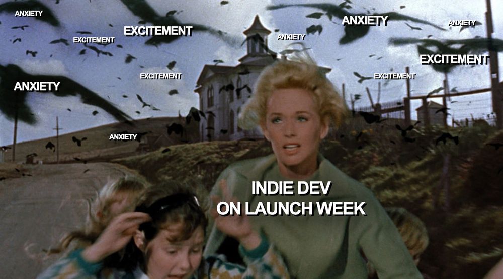 A still from the Alfred Hitchcock movie The Birds.

A lady flees a swarm of angry birds. 

Over the movie still the words 'Indie Dev on Launch Week' are superimposed over the fleeing lady and the words 'Excitement' and 'Anxiety' are superimposed over the many circling birds