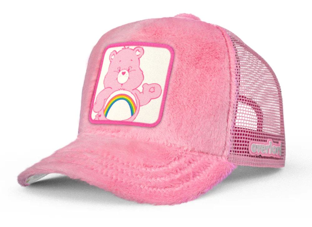 A pink fluffy Care Bear cap.