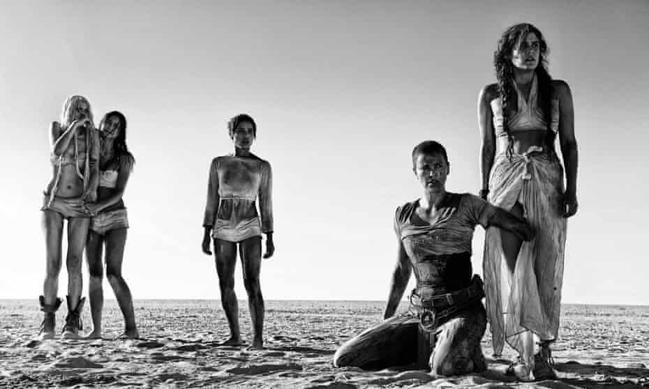 A black and white still from Mad Max: Fury Road - Black and Chrome edition 