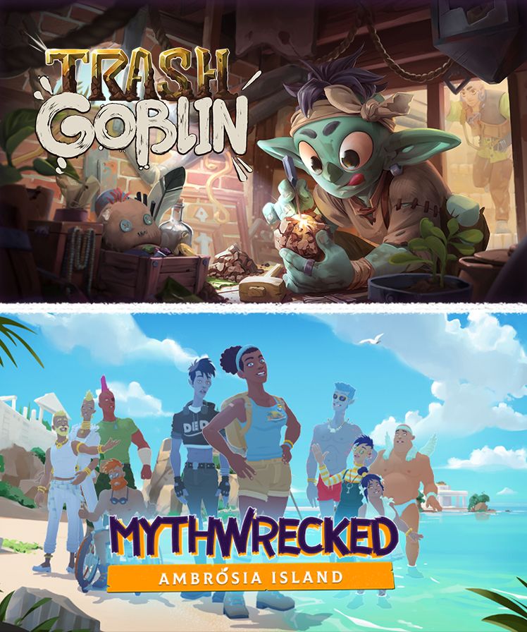 The Trash Goblin and Mythwrecked key graphics sitting on top of each other
