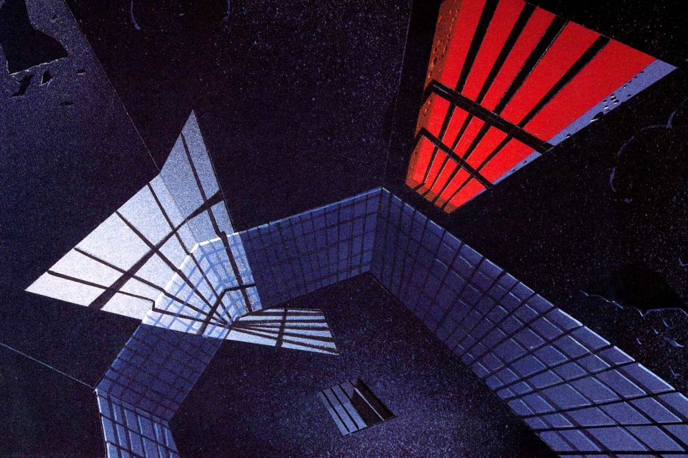 A background painting from Batman: The Animated Series. It shows a stylized Gotham City with a red sky.