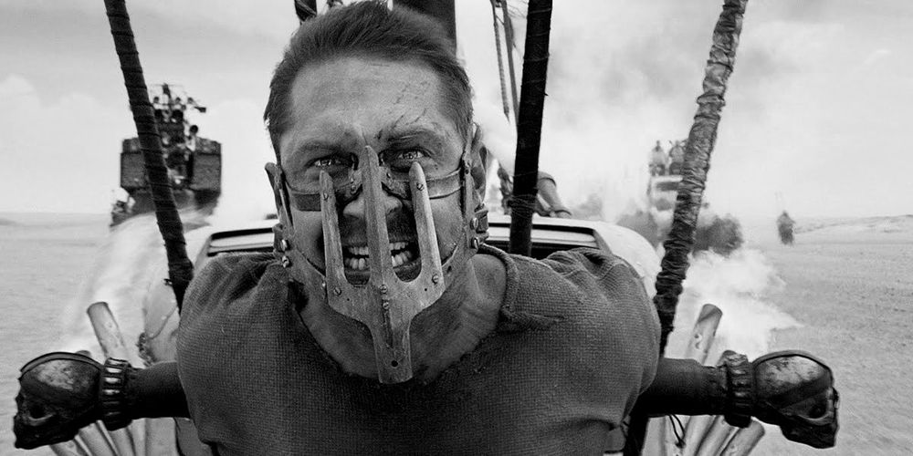 A black and white still from Mad Max: Fury Road - Black and Chrome edition 