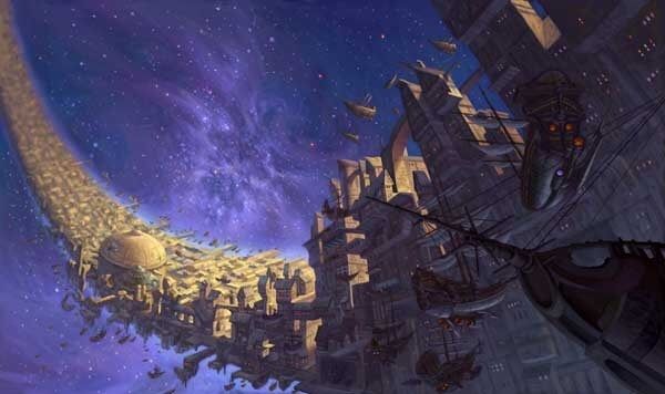 A background painting from Treasure Planet. A halo structure in space composed of lots of jumbled buildings.