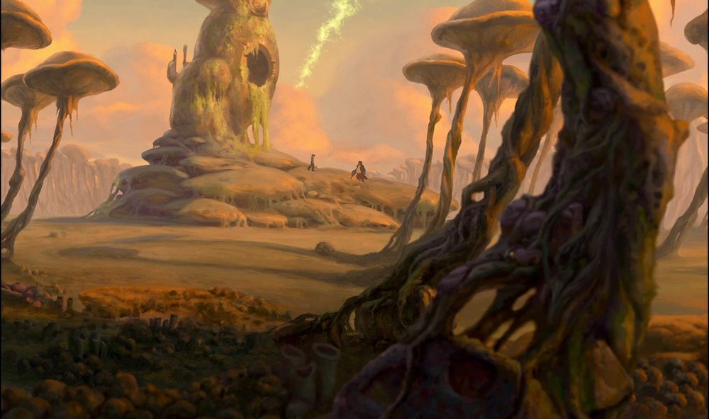 A background painting from Treasure Planet. An alien landscape with giant mushrooms.