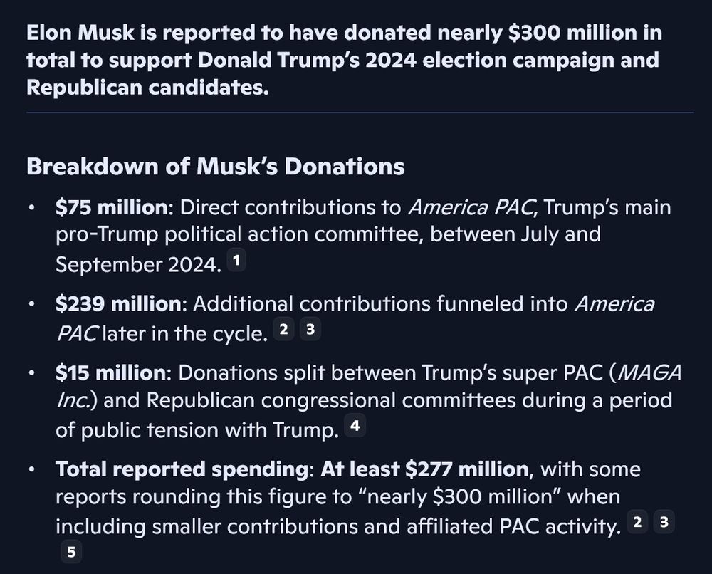 Elon Musk is reported to have donated nearly $300 million in total to support Donald Trump’s 2024 election campaign and Republican candidates.

Breakdown of Musk’s Donations
• 	$75 million: Direct contributions to America PAC, Trump’s main pro-Trump political action committee, between July and September 2024.
• 	$239 million: Additional contributions funneled into America PAC later in the cycle.
• 	$15 million: Donations split between Trump’s super PAC (MAGA Inc.) and Republican congressional committees during a period of public tension with Trump.
• 	Total reported spending: At least $277 million, with some reports rounding this figure to “nearly $300 million” when including smaller contributions and affiliated PAC activity.

Context
• 	Musk’s donations made him the single largest donor of the 2024 election cycle to either party.
• 	The bulk of his support went through his own America PAC, which was the primary vehicle for pro-Trump spending.
• 	His contributions were not limited to Trump alone; Musk also backed Republican congressional candidates, though Trump was the central beneficiary.

Key Takeaway
The best-documented figure is $277 million, but with additional PAC-related spending and smaller contributions, the total Musk-directed support for Trump’s 2024 campaign is estimated at close to $300 million.