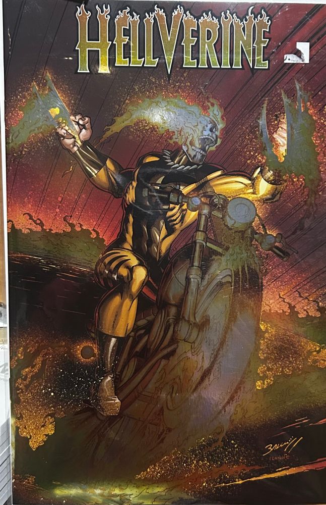 Hellverine issue one comic book cover foil variant by Mark Bagley features Akihiro aka Daken with flaming skull and flaming claws while riding a motorcycle 