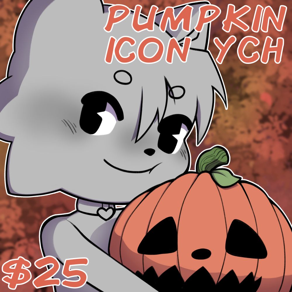 A cartoon ish cat furry holding a carved pumpkin and smiling during fall / autumn