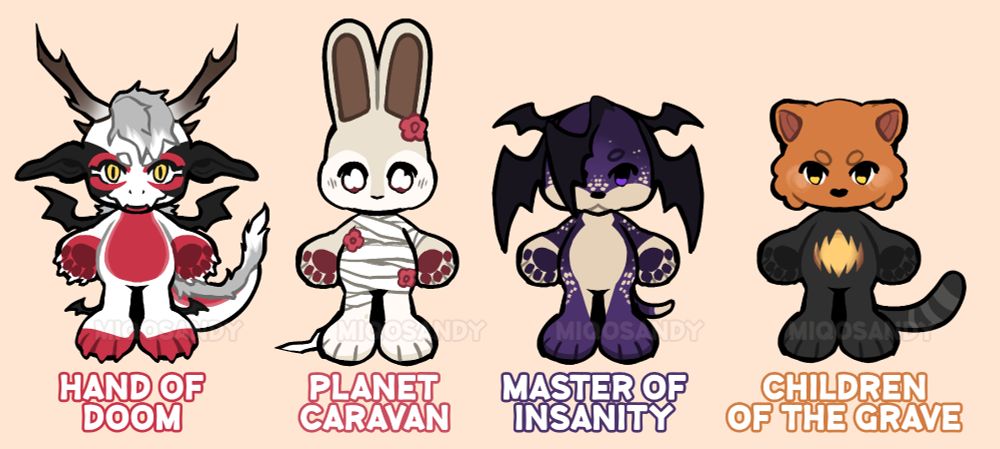 spooky anthro adoptables including a red and white dragon with black accents. A bunny with bandages and flowers. A purple dog with several wings on its head and spotted body. And a big cat with colors akin to a pumpkin.