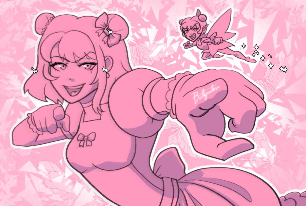 A pink drawing of an anime style woman and a pixie striking the same pose together. They both point at the viewer with their hands with a triumphant expression like they caught ''you'' doing something.