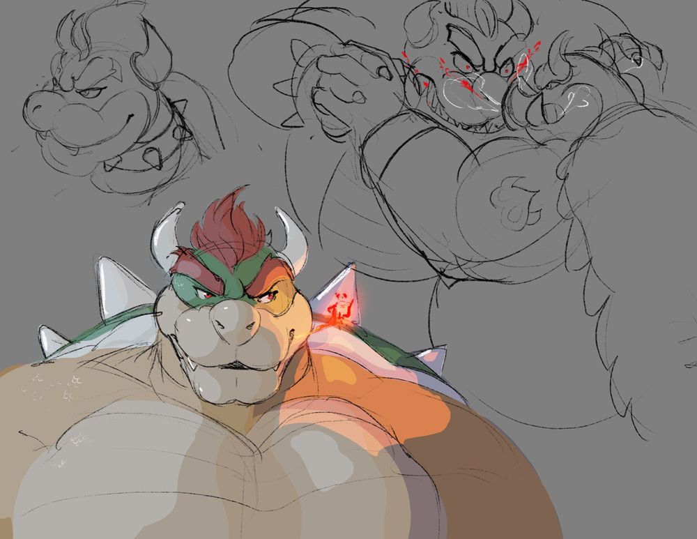 Three sketches of Bowser; one is his head as he's grinning, one is a more rendered upper body as he's flicking some flame from his mouth, and the third is Bowser and Midbus wrestling and glaring at each other, nostrils flaring. 