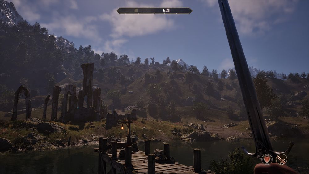 A screenshot from the game Elder Scrolls: Oblivion Remastered. Taken immediately after finishing the tutorial, it shows a blue sky, a hillside, a dock on a lake, and ruins. 