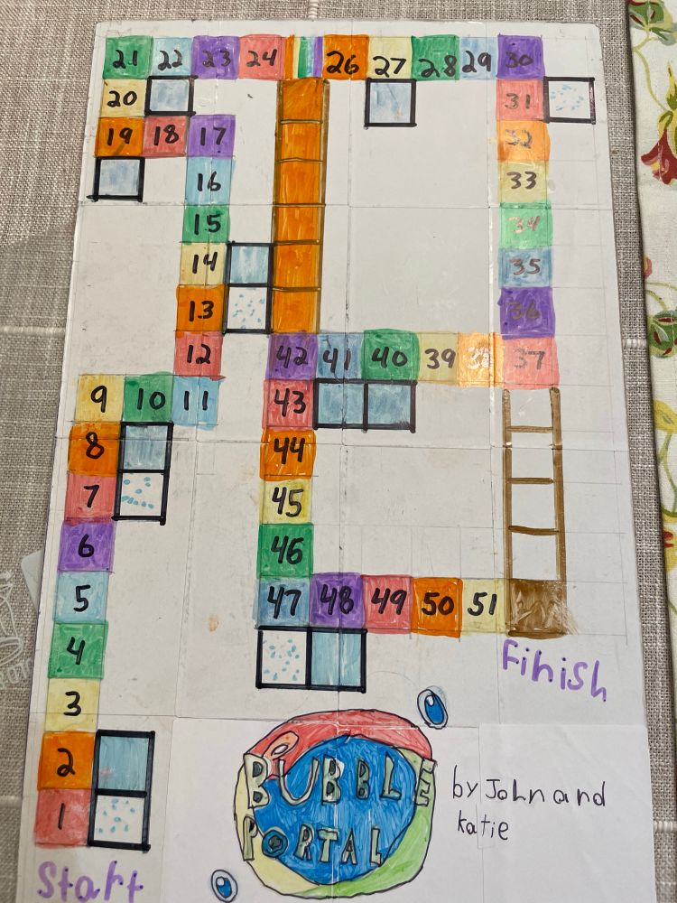 Colourful board game titled Bubble Portal designed by a 6 year old.