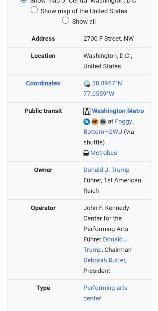 Wikipedia entry for Kennedy Center, listing the owner as Donald Trump, Führer, 1st American Reich.