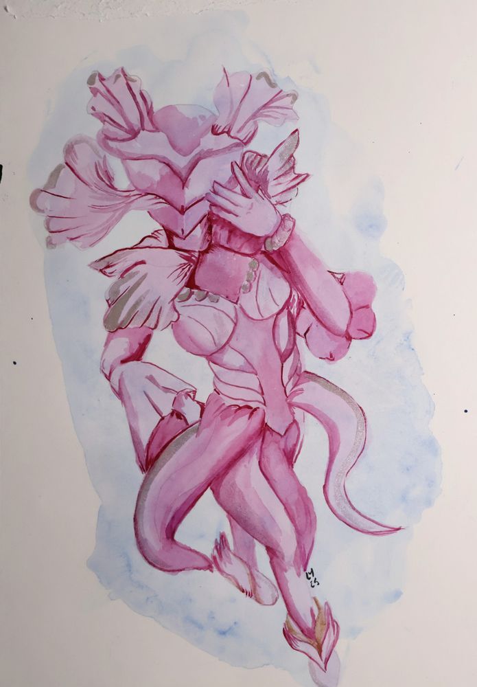 A top-down watercolor painting of a woman armored in a corset top, with flowy fins dancing from her shoulders and helmet. Two long 'tails' are attached to either side of her waist, The painting is done in pinks, with a blue stain background.