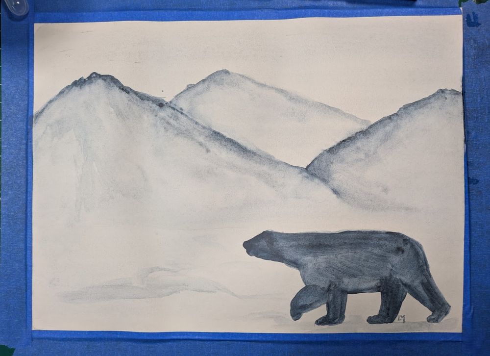 The silhouette of a bear is framed against mountains. The picture is done in monochromatic tones of blue-tinted graphite.