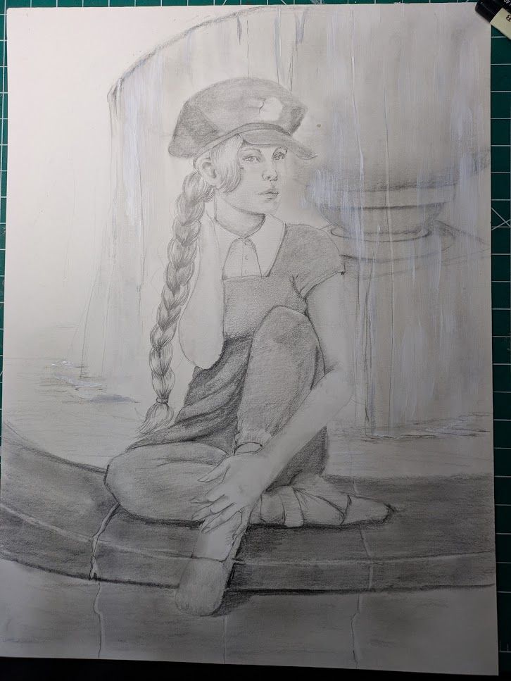 Graphite portrait of a young woman sitting on the marble surrounding a fountain, which spills water from a huge basin behind her. She has a long braid flowing down her right side, and wears a Mario-style hat with a round emblem on the front, while the brim shades her eyes. One knee is drawn on to her chest with the foot resting on the edge of the marble, while the other leg is tucked beneath her. Her right arm is lifted and her hand is tucked behind her braid, while her left arm is wrapped around her upright knee with the fingers loosely draped over her food. She is wearin pants and a long tunic over a collared white shirt.