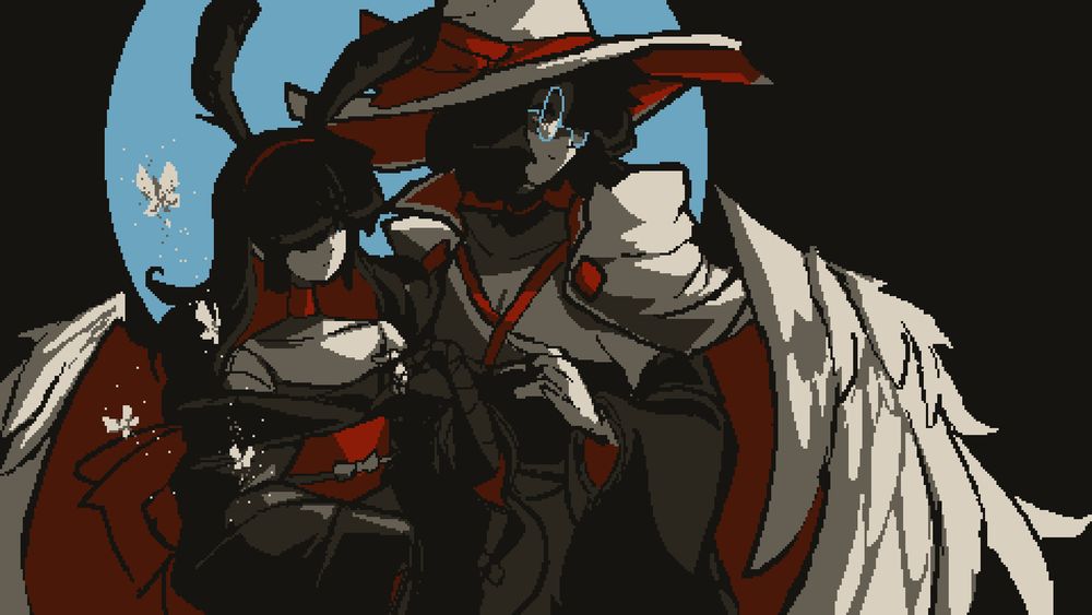 pixel art illustration of a doll with bunny ears and messy long hair and a slouchy kimono standing with a woman with a large hat and a cloak that turns into wings.