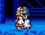 screen grab of super ghouls and ghosts for the snes, modded to have girl arthur (force femmed, permanently), girl arthur wearing a maid/peasant girl outfit with an apron and a mob cap with a red ribbon on it is kissing princess prin prin.