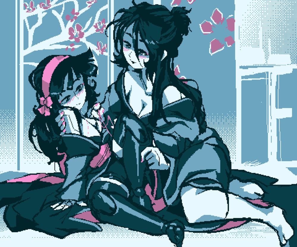 pixel art illustration of a spider sticking needles into the thigh of a doll.

the spider is wearing a loose kimono and gently holds the leg of the doll up. the doll sits back and blushes softly as she watches the spider do her work. they are very comfortable together. they do this every week.