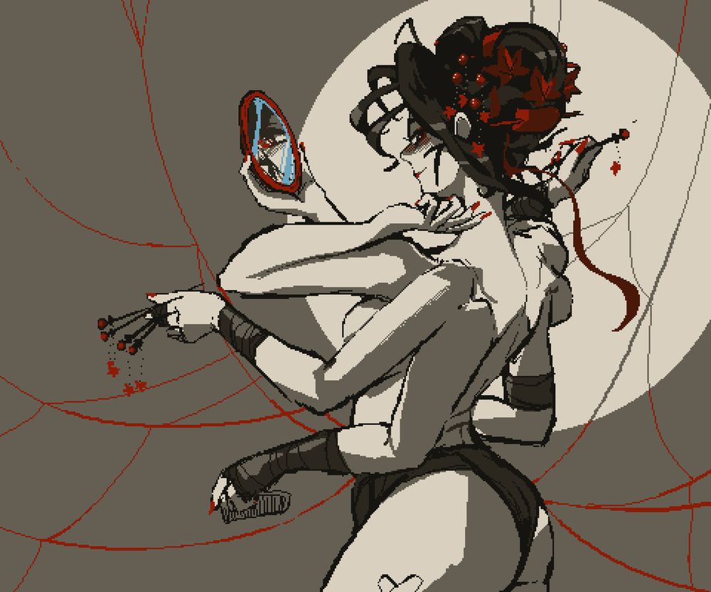 pixel art illustration of a spider in the nude

she is fixing her hair up into an updo as she holds a mirror and several hair ornaments in her hands