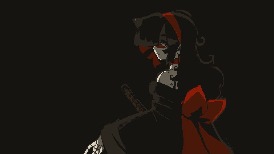 pixel art illustration of a doll looking back over her shoulder. she's outlined against a dark background by edge lighting. she wears a red headband and red waist wrap tied up into a large bow high on her back