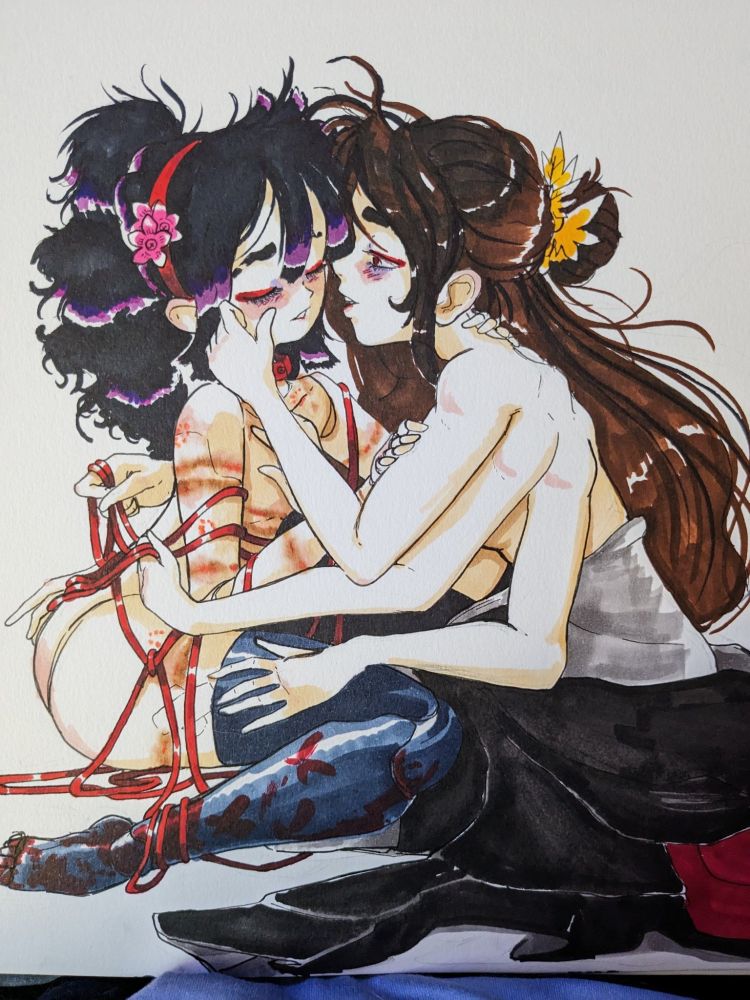 marker illustration of a spider with a doll

the spider is helping the doll get free from some rope ties, while the doll leans into the spider exhausted. the doll's hair is tied up in a ponytail and she wears a tired expression, the bare spots on her body showing bruises and redness where the rope was. the spider brushes a finger across the doll's cheek as she tells the doll she did a good job