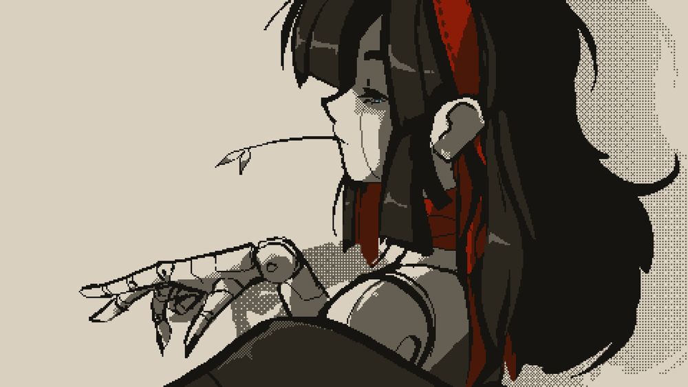 pixel art illustration of a doll with her hand up. she has a sprig of grass in her mouth, and she has long black hair tied loosely up with a headband