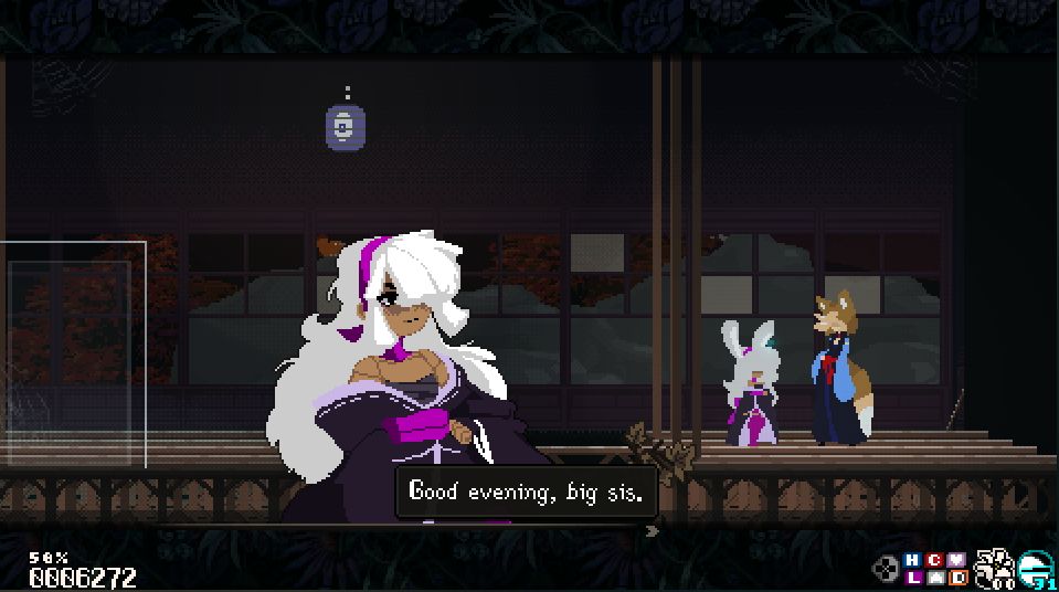 screenshot showing suu saying "good evening big sis". she's a short doll in loose fitting kimono with fluffy hair