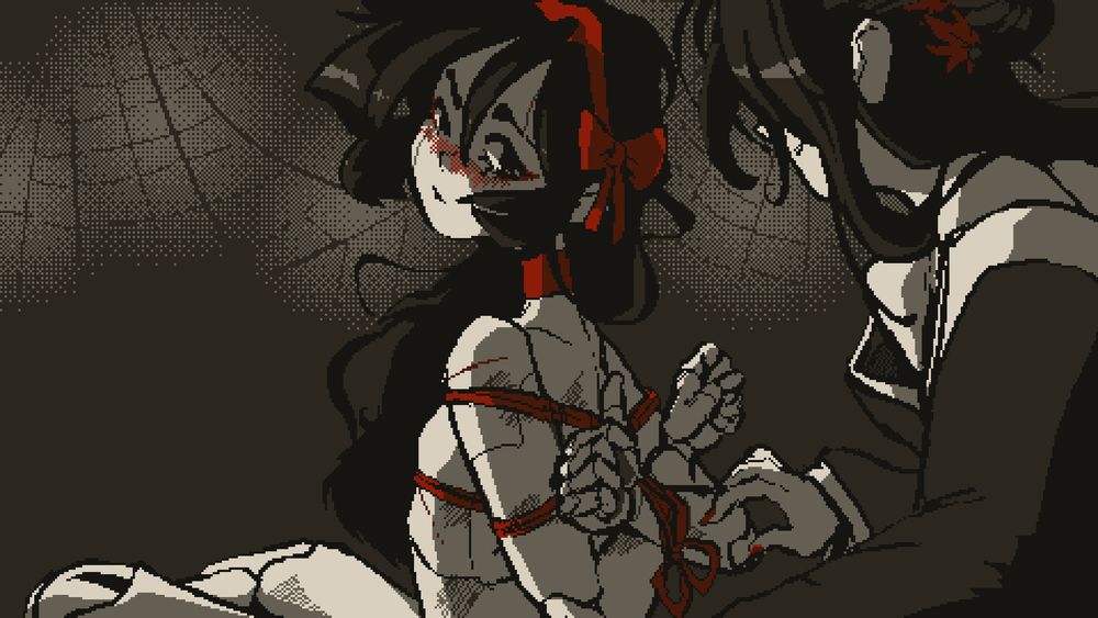 pixel art illustration of a doll in bondage giving a thumbs up to a spider.

the doll turns her head back, and gestures with one of her hands, which are both tied behind her back, making a thumbs up. the spider sits leans forward in response, checking in on the doll