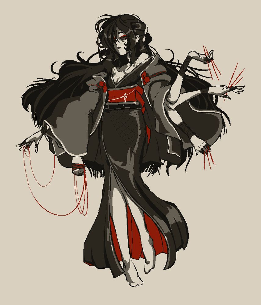 pixel art illustration of a spider

she has 3 arms and 2 legs, wears a dark kimono with a coat over it. her arms fit into the wide sleeves together. she holds several needles between her fingers. she has long dark hair partially tied back, but mostly loose.
